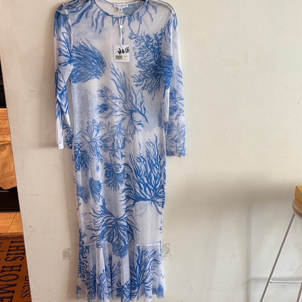 Elegant Blue Coral Print Long Sleeve SEE THROUGH COVER UP Dress